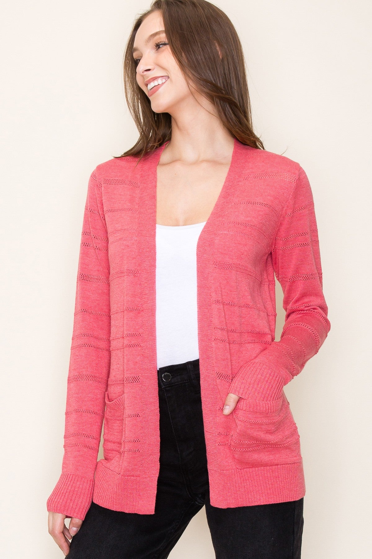 ROSE POINTELLE STRIPED OPEN FRONT CARDIGAN