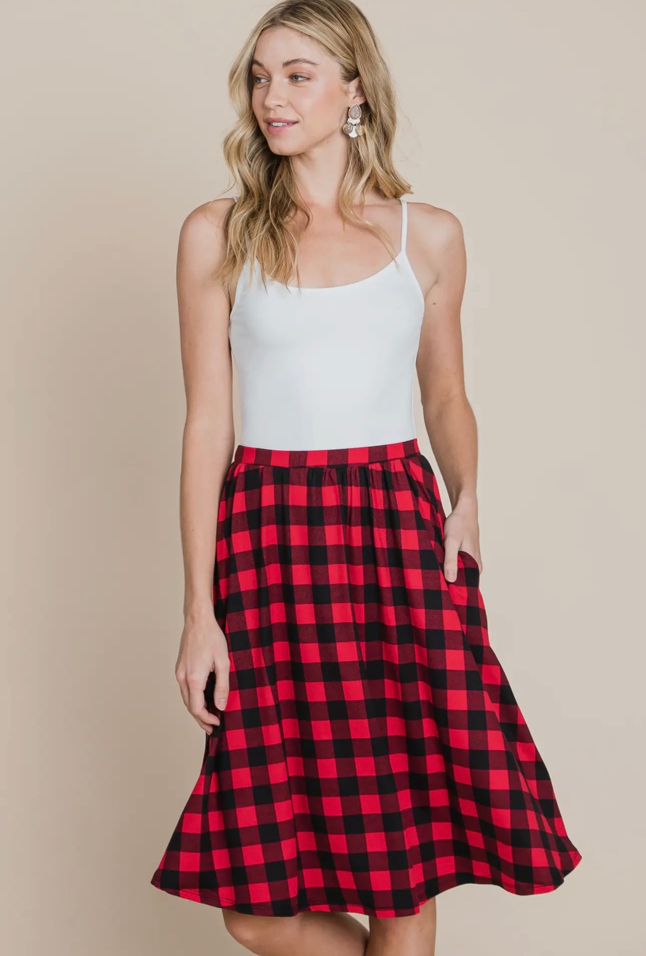 CHECKERED SOFT MIDI-SKIRT WITH POCKETS