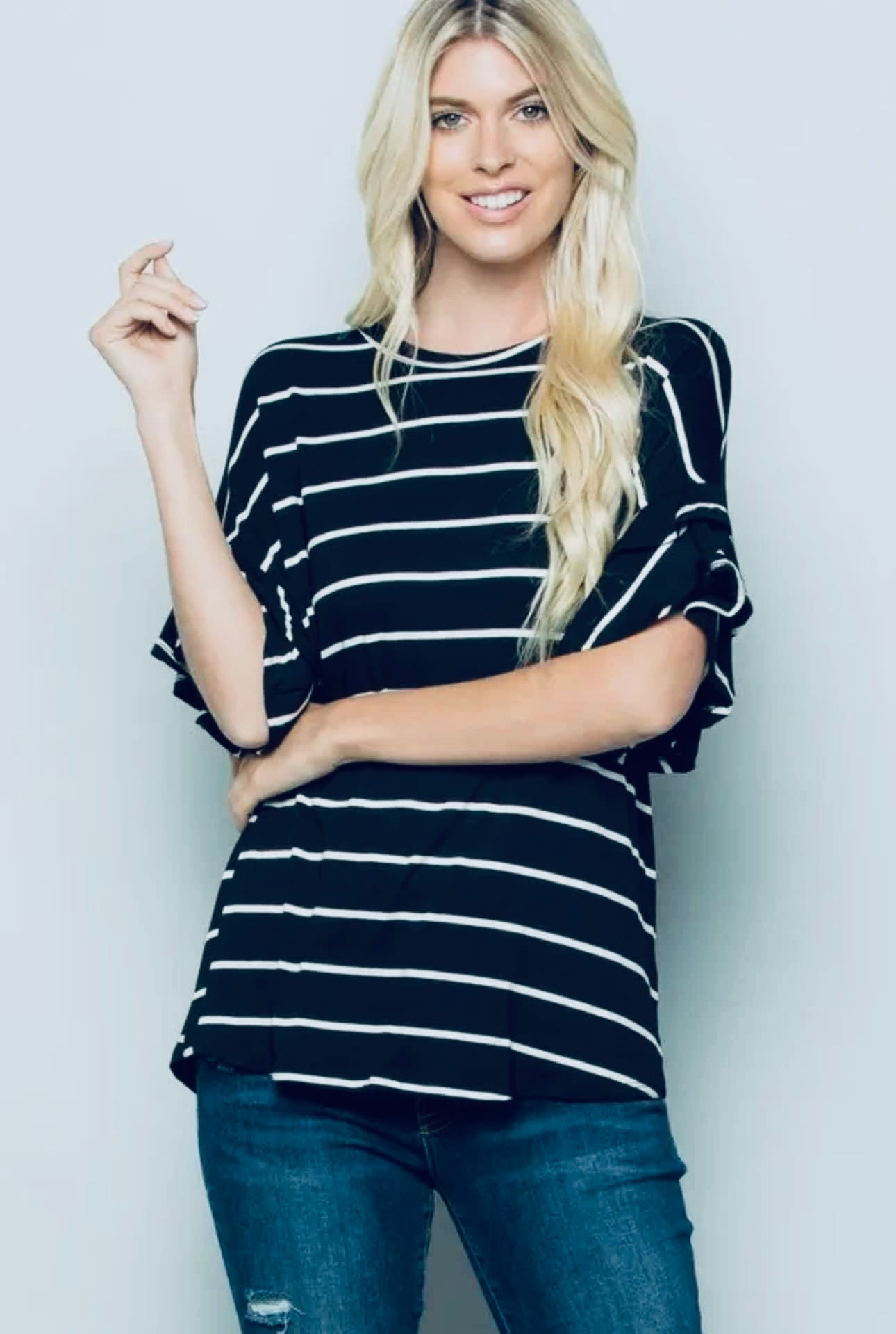 NAVY/WHITE STRIPE RUFFLE TOP