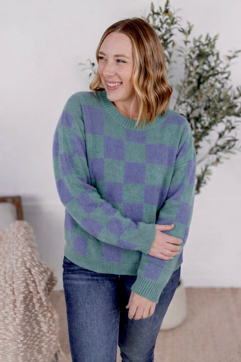 MICHELLE MAE TEAL & BLUE CHECKERED LUXE SWEATER