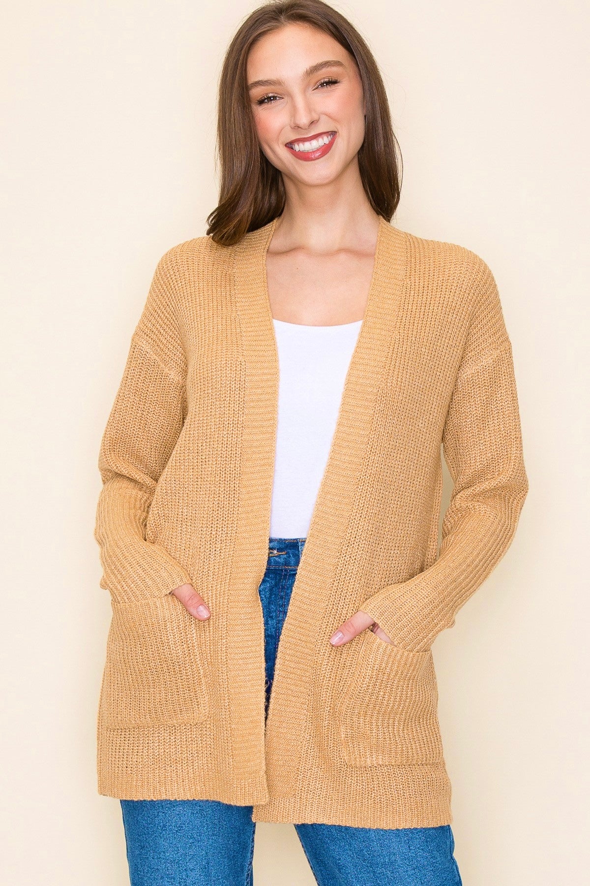 CAMEL OPEN FRONT POCKET SWEATER CARDIGAN