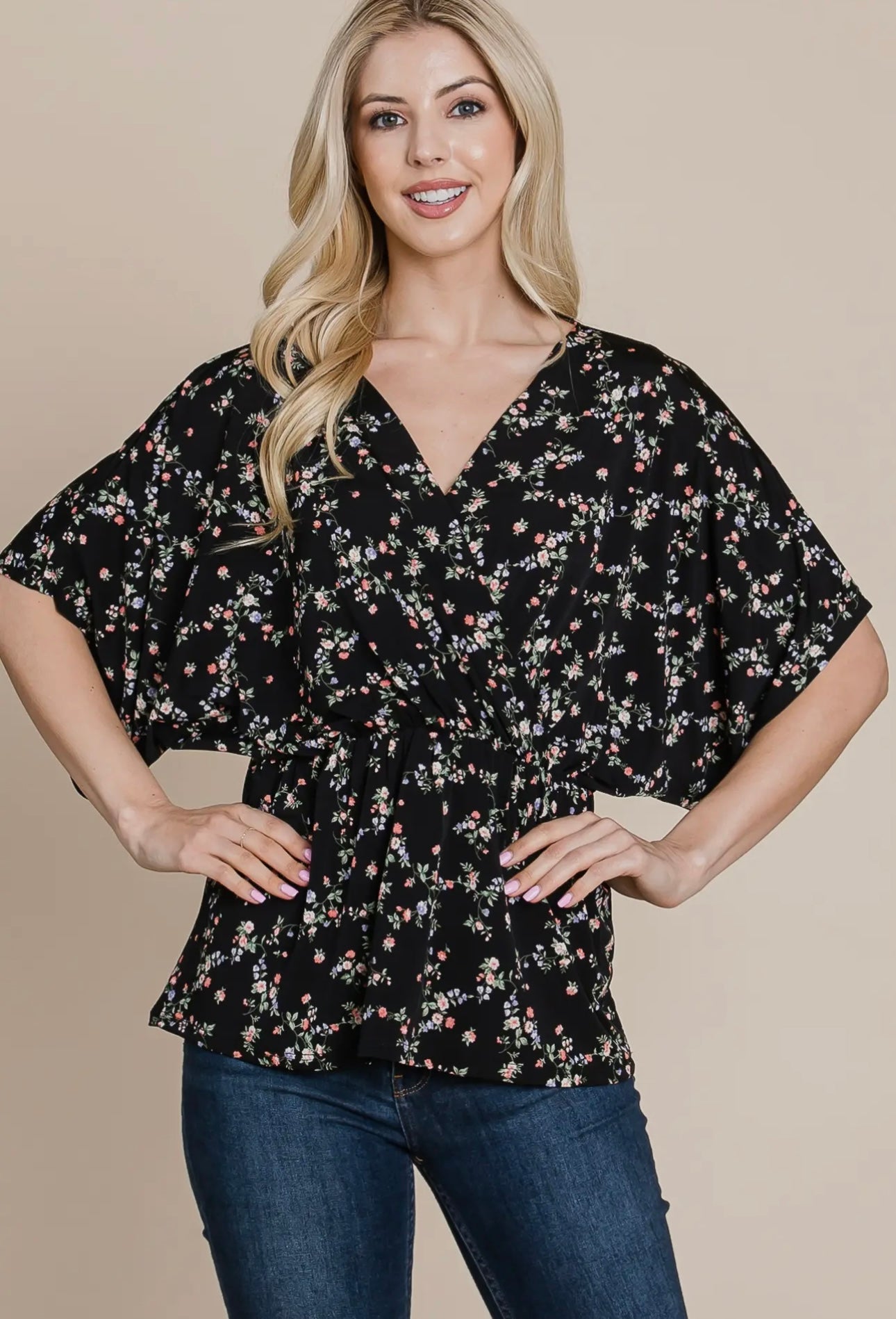 BLACK FLORAL CROSS FRONT TOP