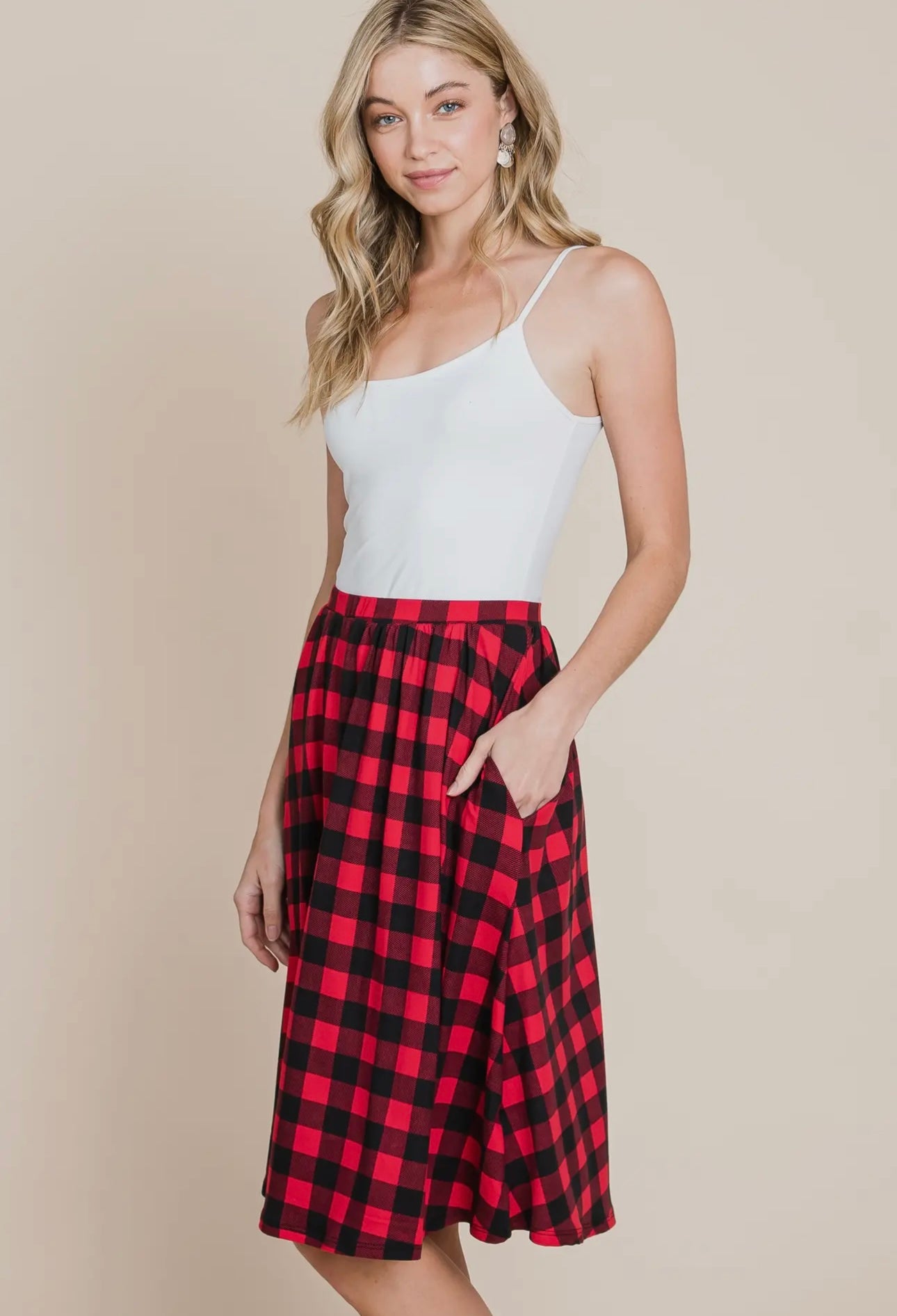 CHECKERED SOFT MIDI-SKIRT WITH POCKETS