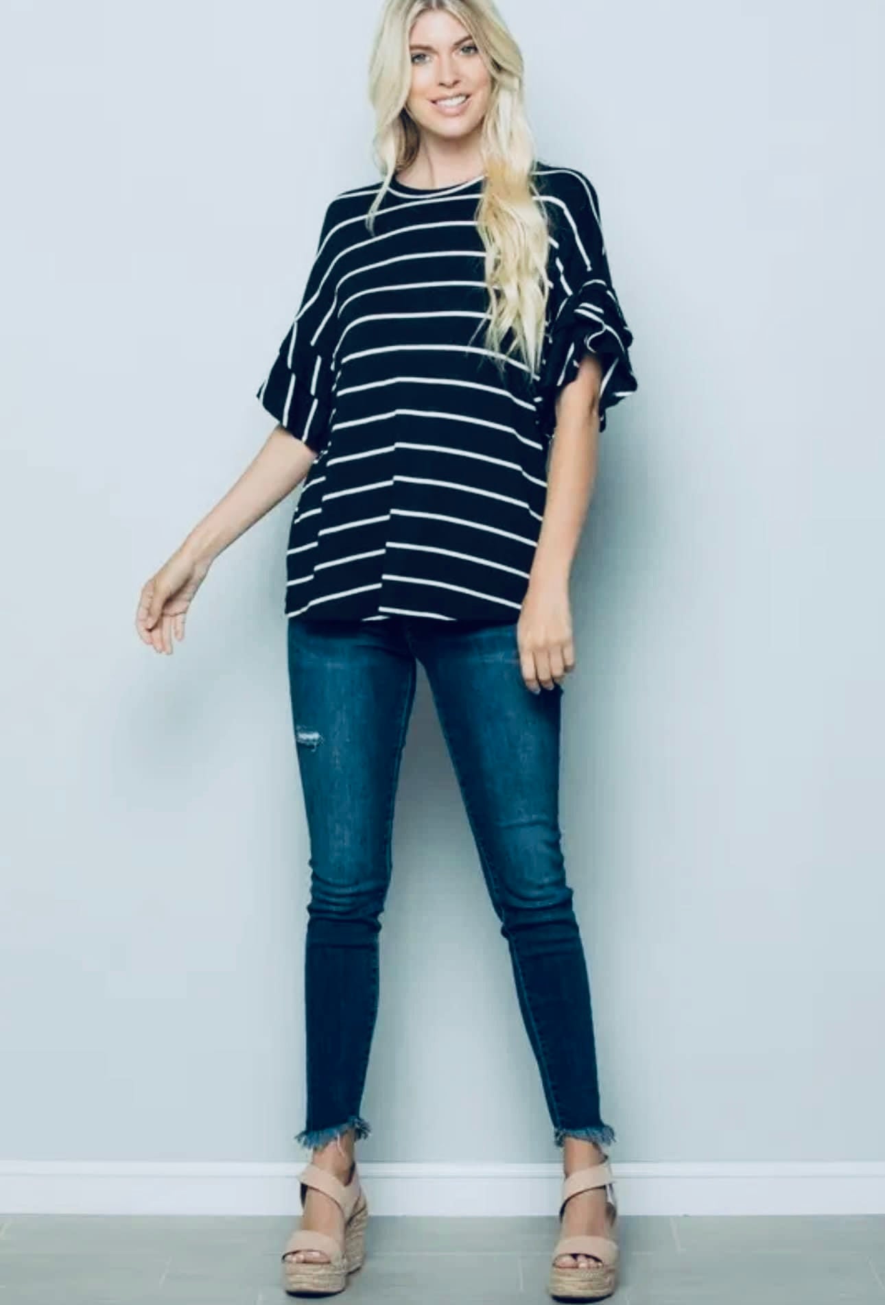 NAVY/WHITE STRIPE RUFFLE TOP