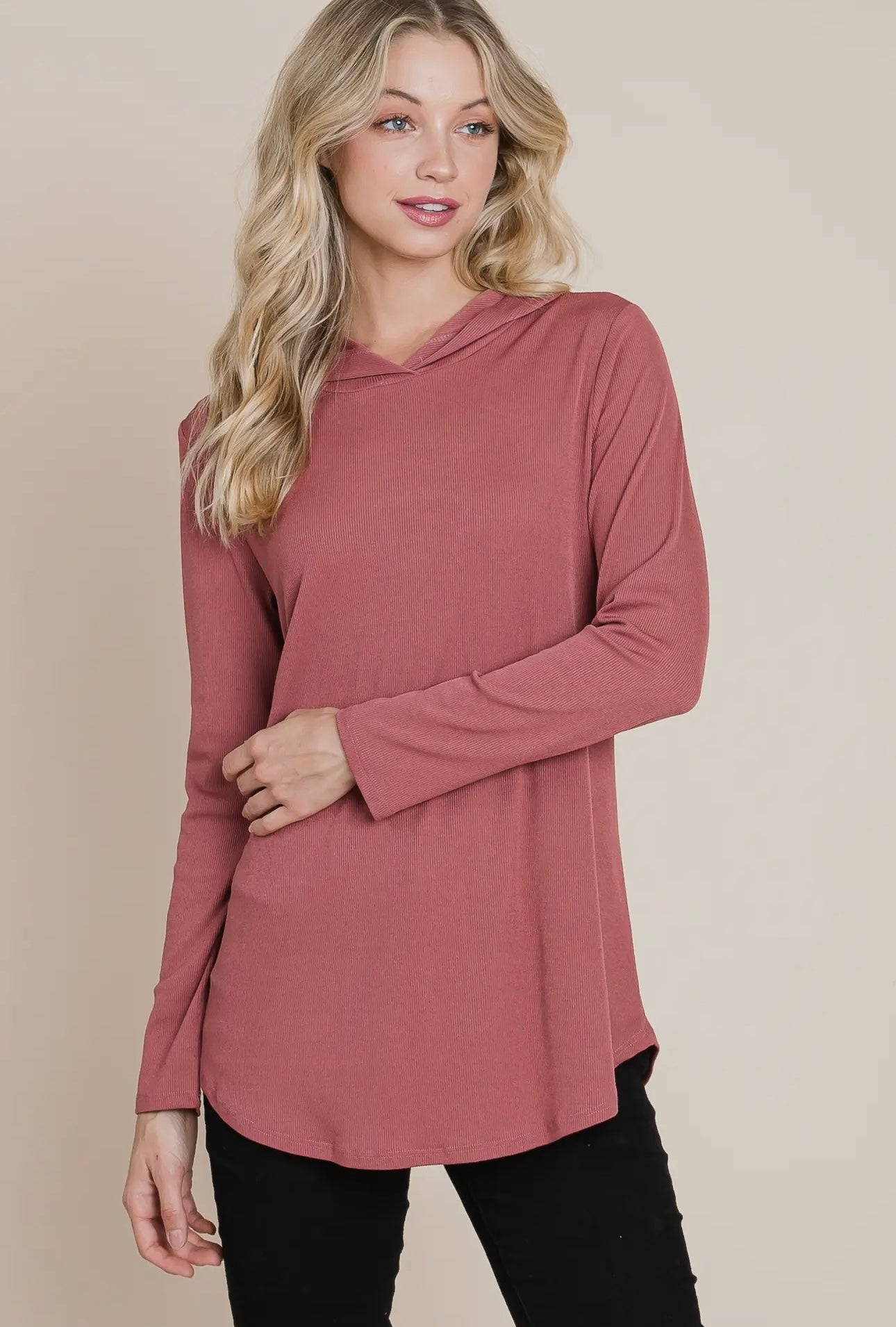 MAUVE RIBBED HOODED TOP