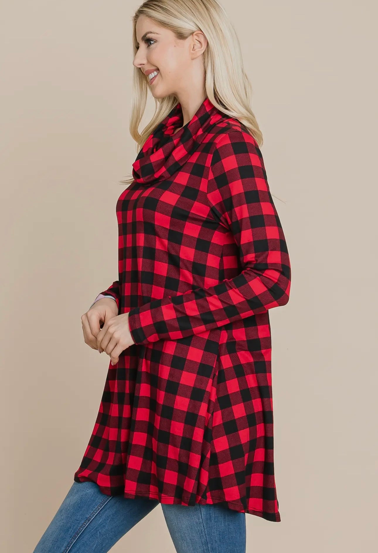 BUTTER SOFT RED BUFFALO PLAID COWLNECK