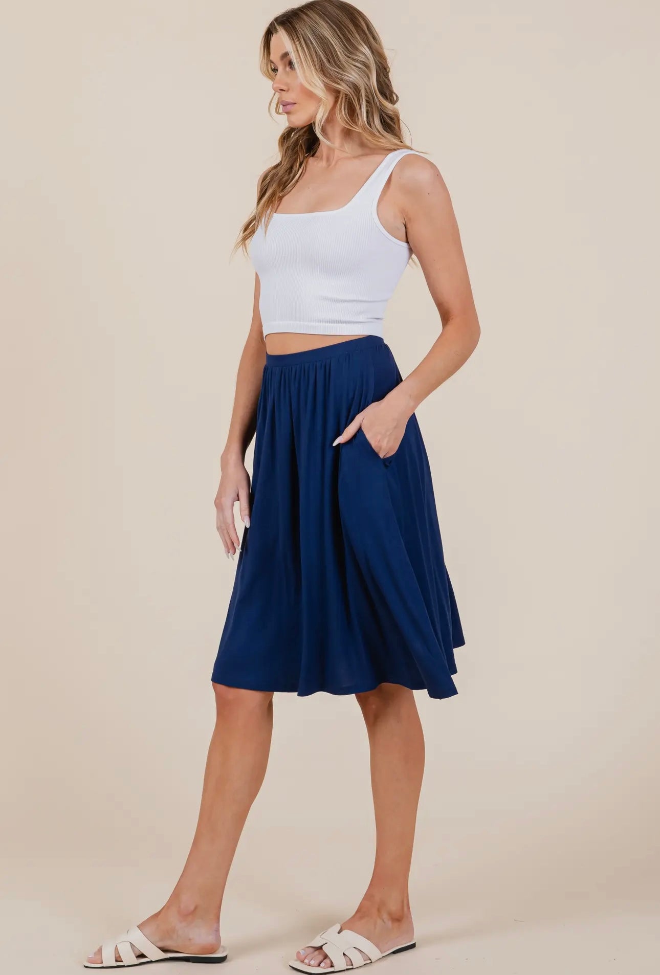 NAVY SOFT MIDI-SKIRT WITH POCKETS