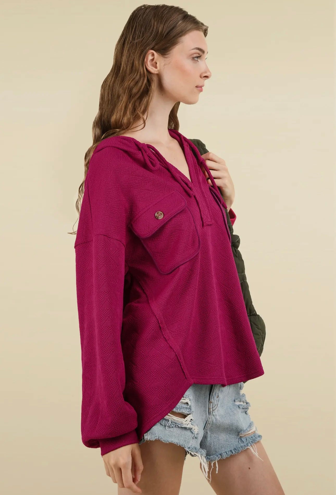 MAGENTA HOODIE TOP WITH PATCH POCKETS