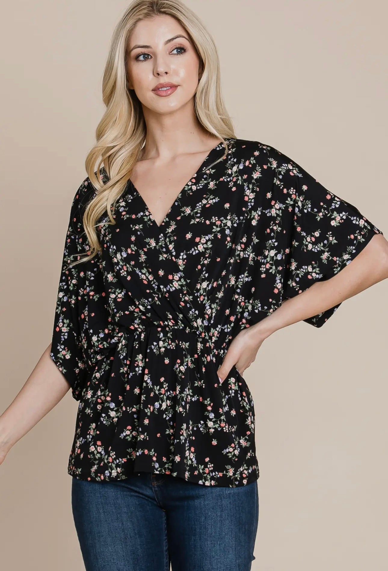 BLACK FLORAL CROSS FRONT TOP