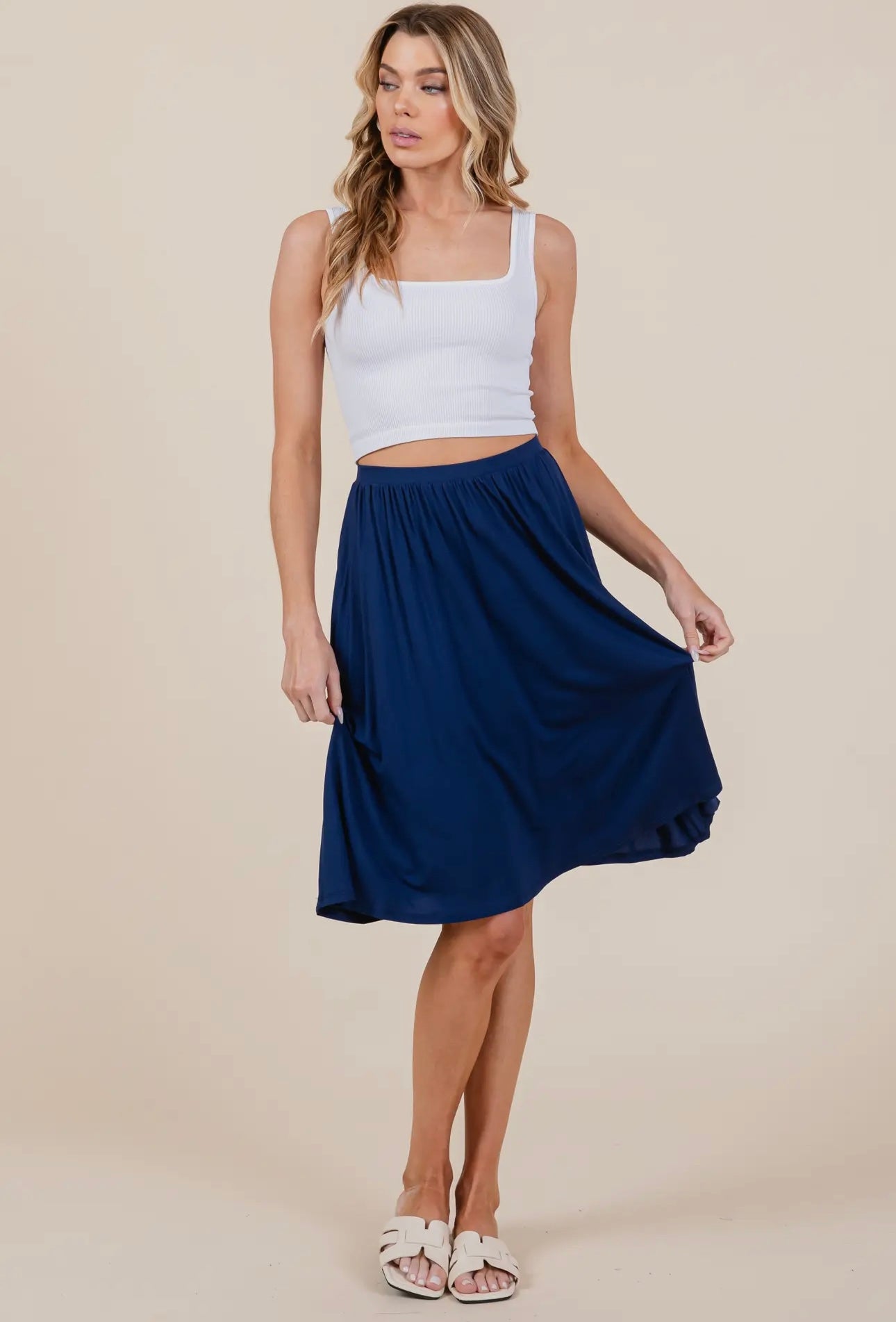 NAVY SOFT MIDI-SKIRT WITH POCKETS