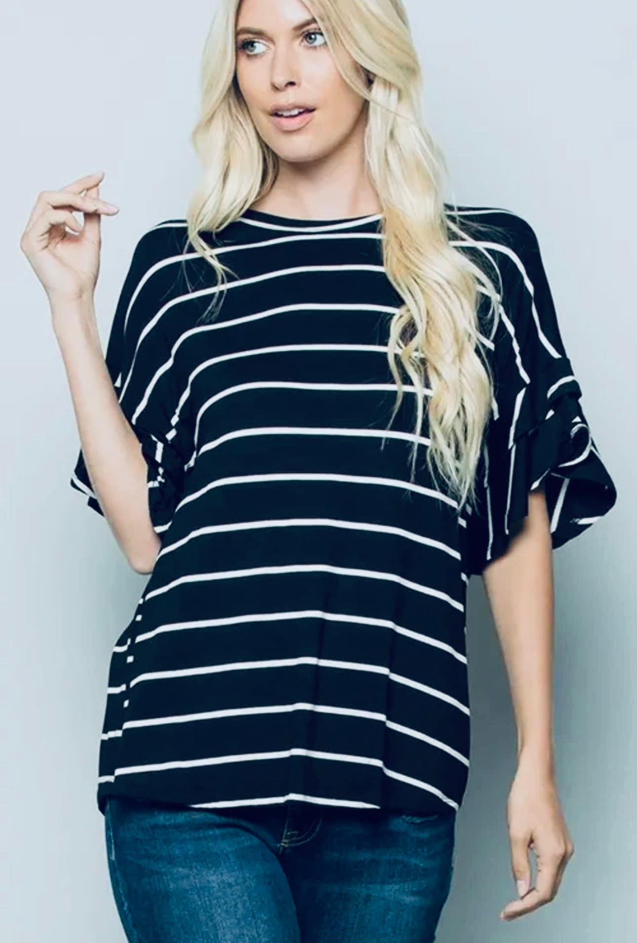 NAVY/WHITE STRIPE RUFFLE TOP