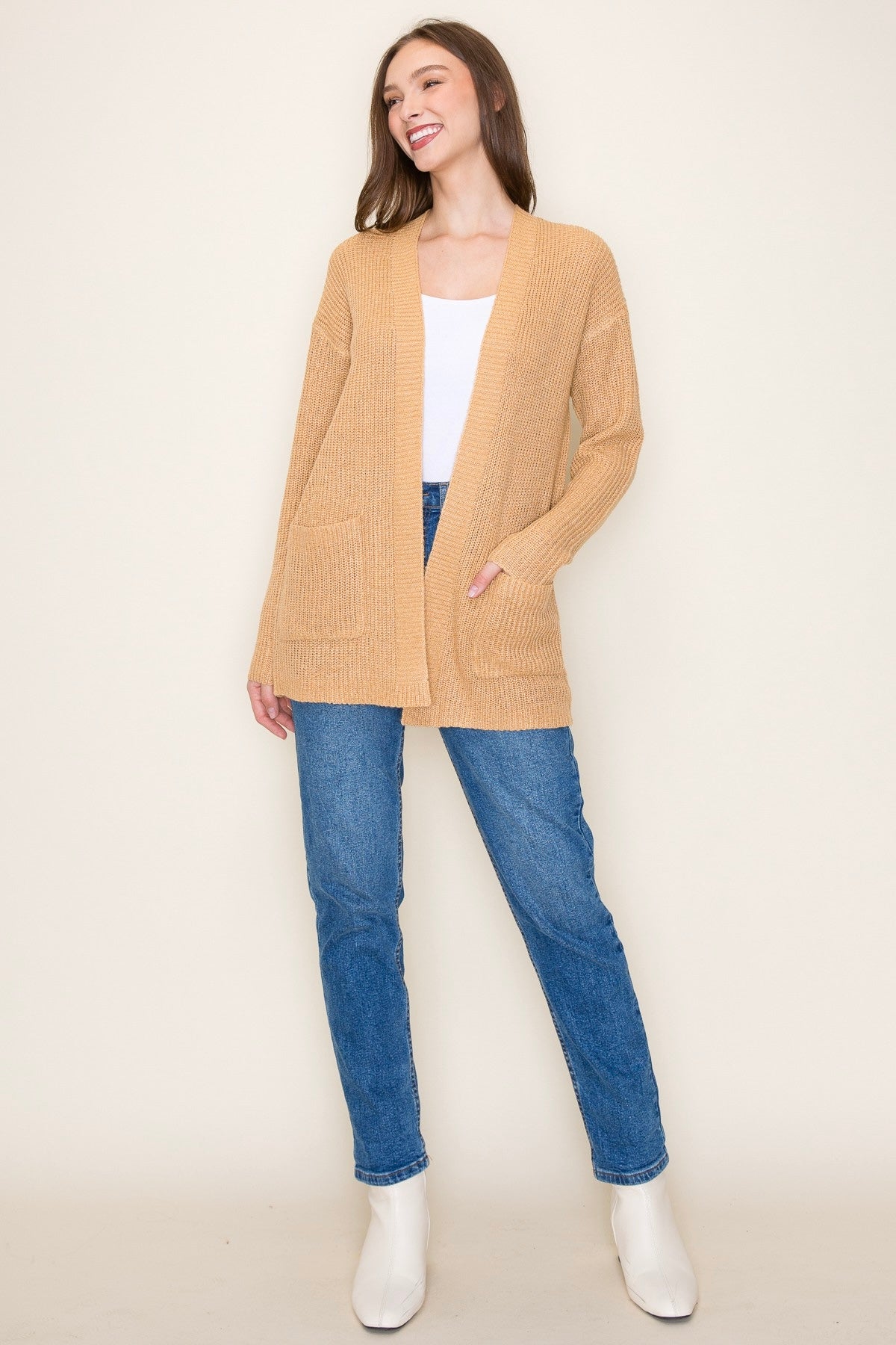 CAMEL OPEN FRONT POCKET SWEATER CARDIGAN