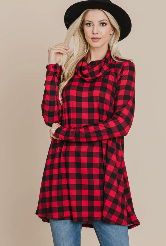 BUTTER SOFT RED BUFFALO PLAID COWLNECK