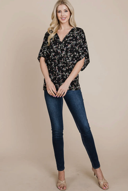 BLACK FLORAL CROSS FRONT TOP