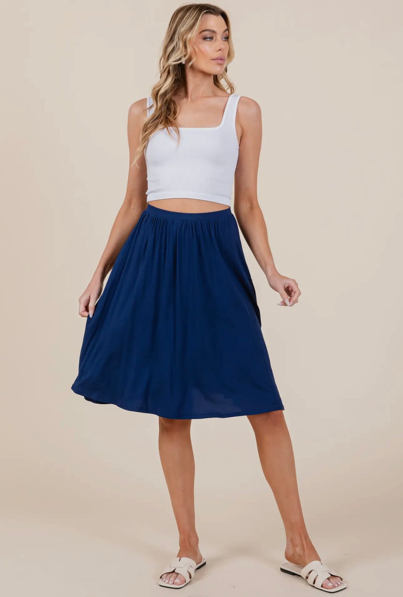 NAVY SOFT MIDI-SKIRT WITH POCKETS