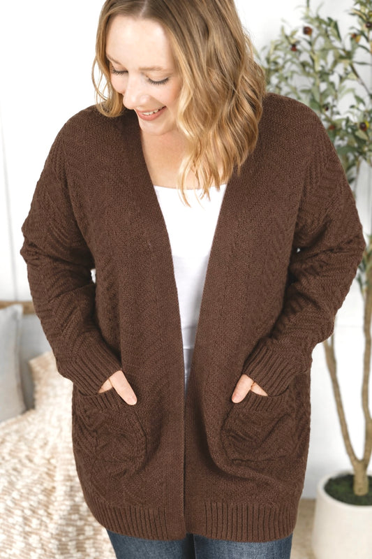 MICHELLE MAE CHEVRON KNIT BROWN CARDIGAN SWEATER WITH FRONT POCKETS (Size S/M)