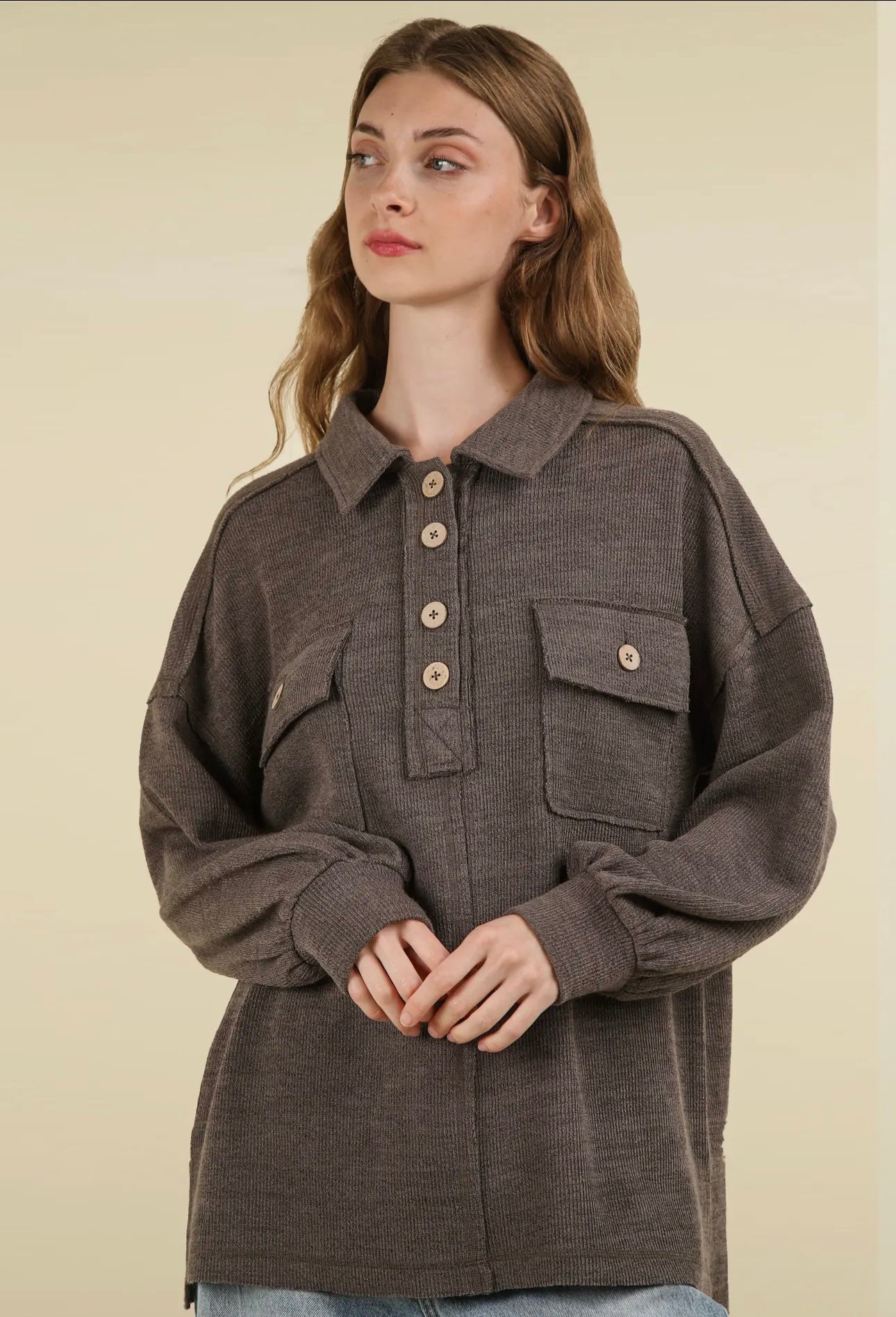 COLLARED BUTTON DOWN KNIT HENLEY WITH POCKETS