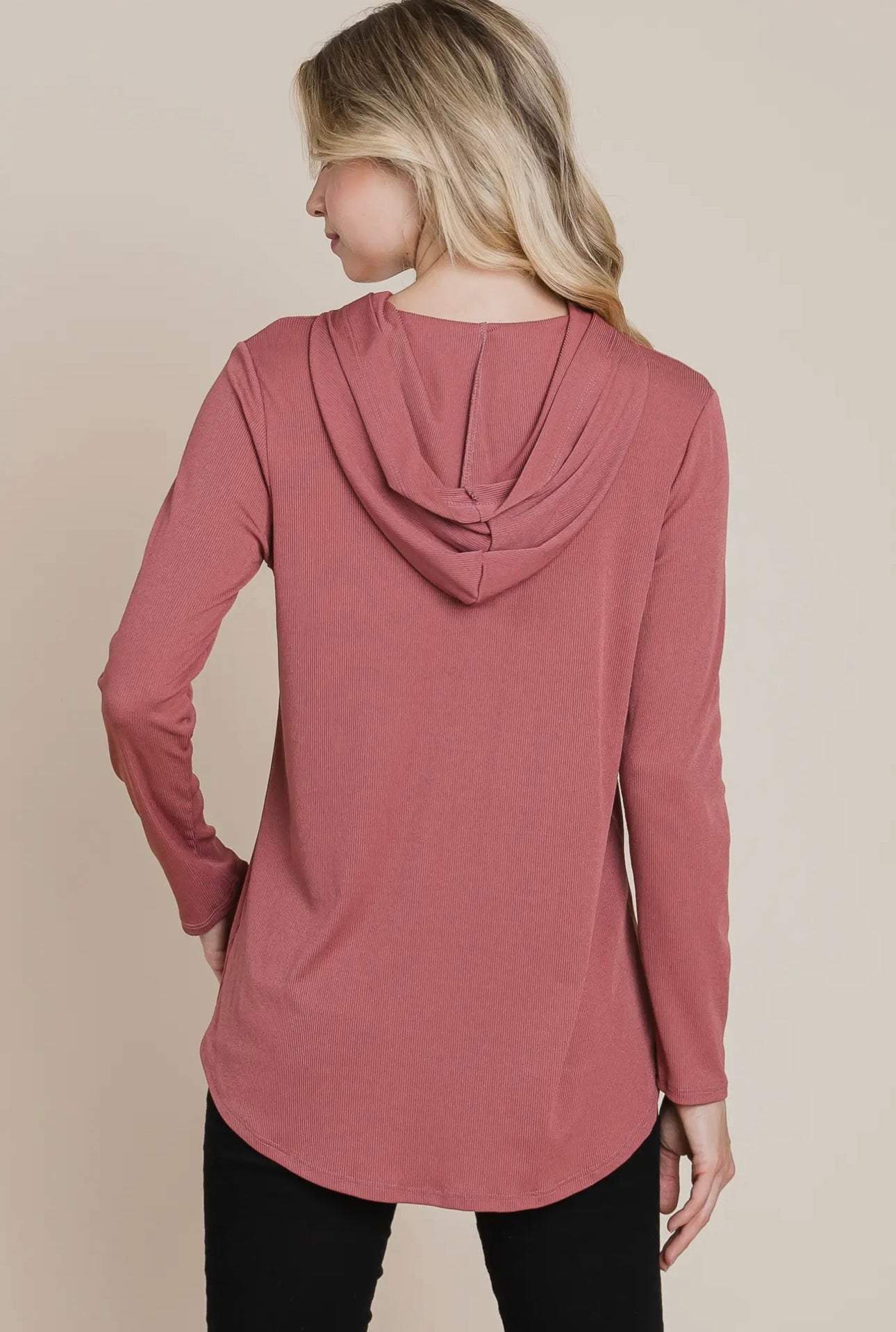 MAUVE RIBBED HOODED TOP