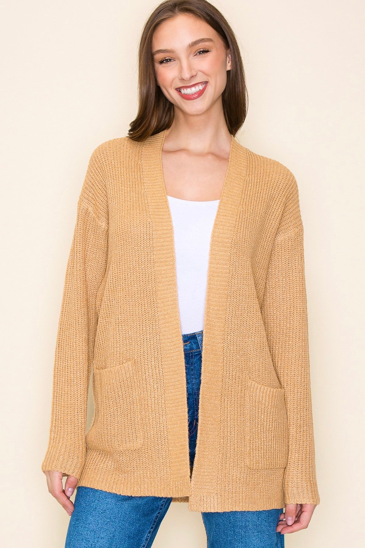 CAMEL OPEN FRONT POCKET SWEATER CARDIGAN