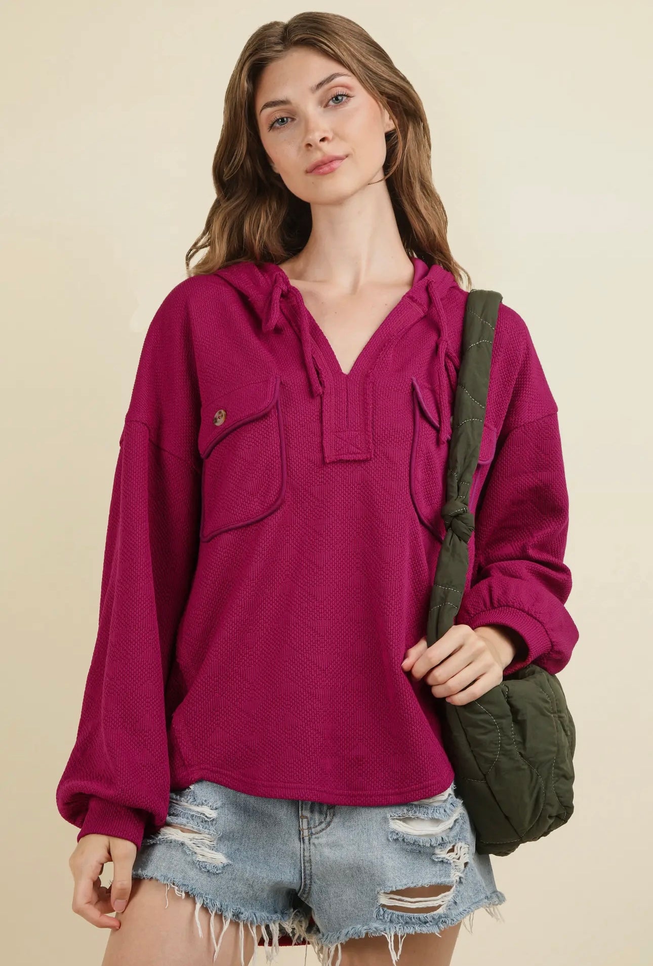 MAGENTA HOODIE TOP WITH PATCH POCKETS