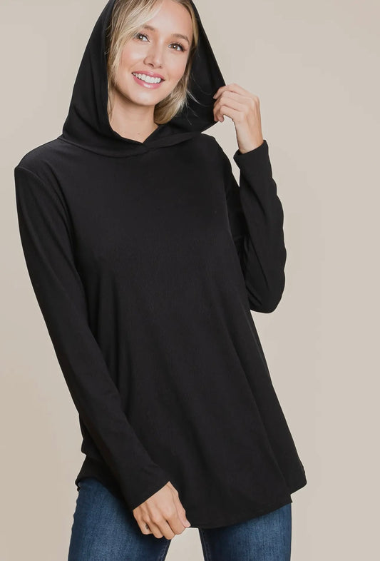 BLACK RIBBED HOODED TOP