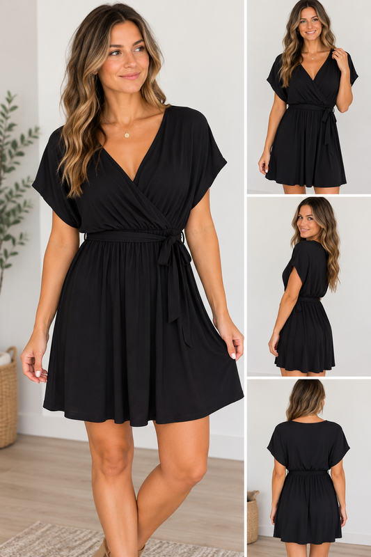 BLACK CROSS FRONT DRESS WITH TIE