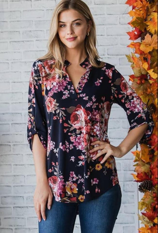 NAVY MANDARIN FLORAL TOP