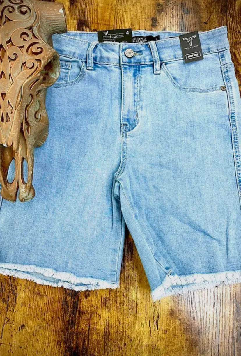 LUCKY & BLESSED LIGHT WASH BERMUDA SHORTS