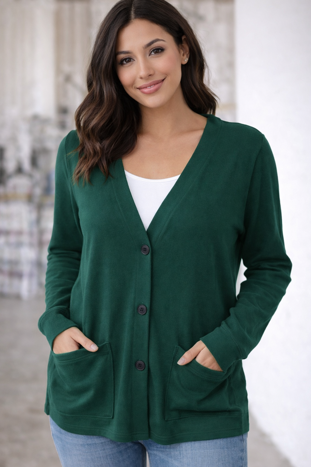 MICHELLE MAE DEEP GREEN BUTTON DOWN CARDIGAN