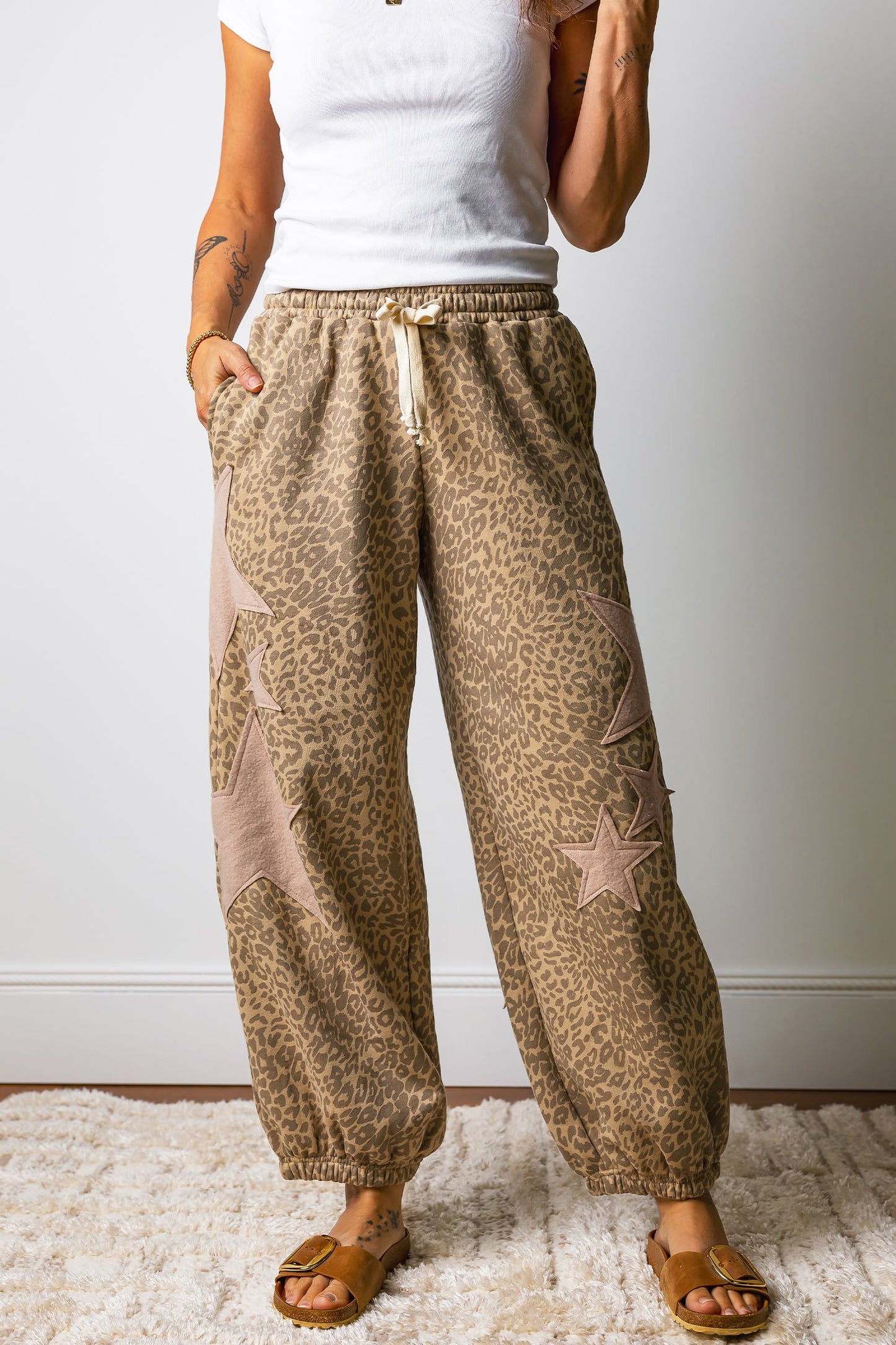 PREORDER BROWN LEOPARD STAR PATCH JOGGERS