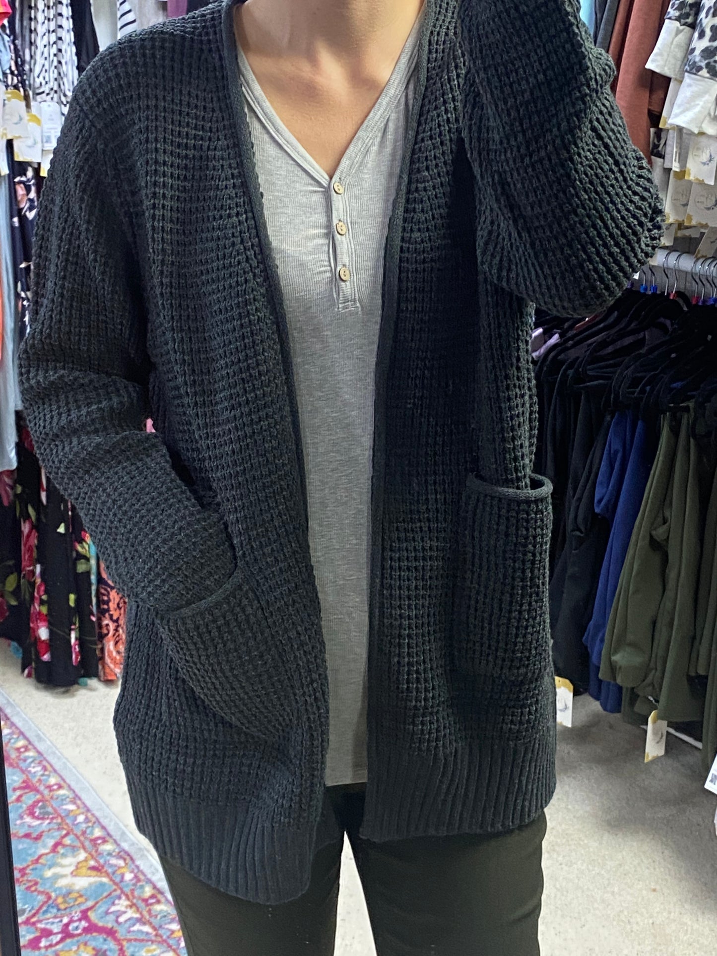 WAFFLE KNIT OPEN CARDIGAN WITH POCKETS