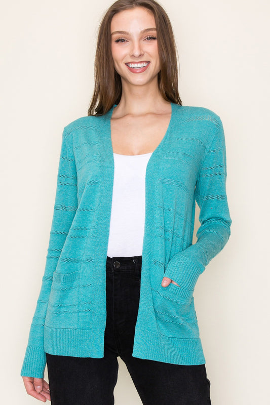 TEAL POINTELLE STRIPED OPEN FRONT CARDIGAN