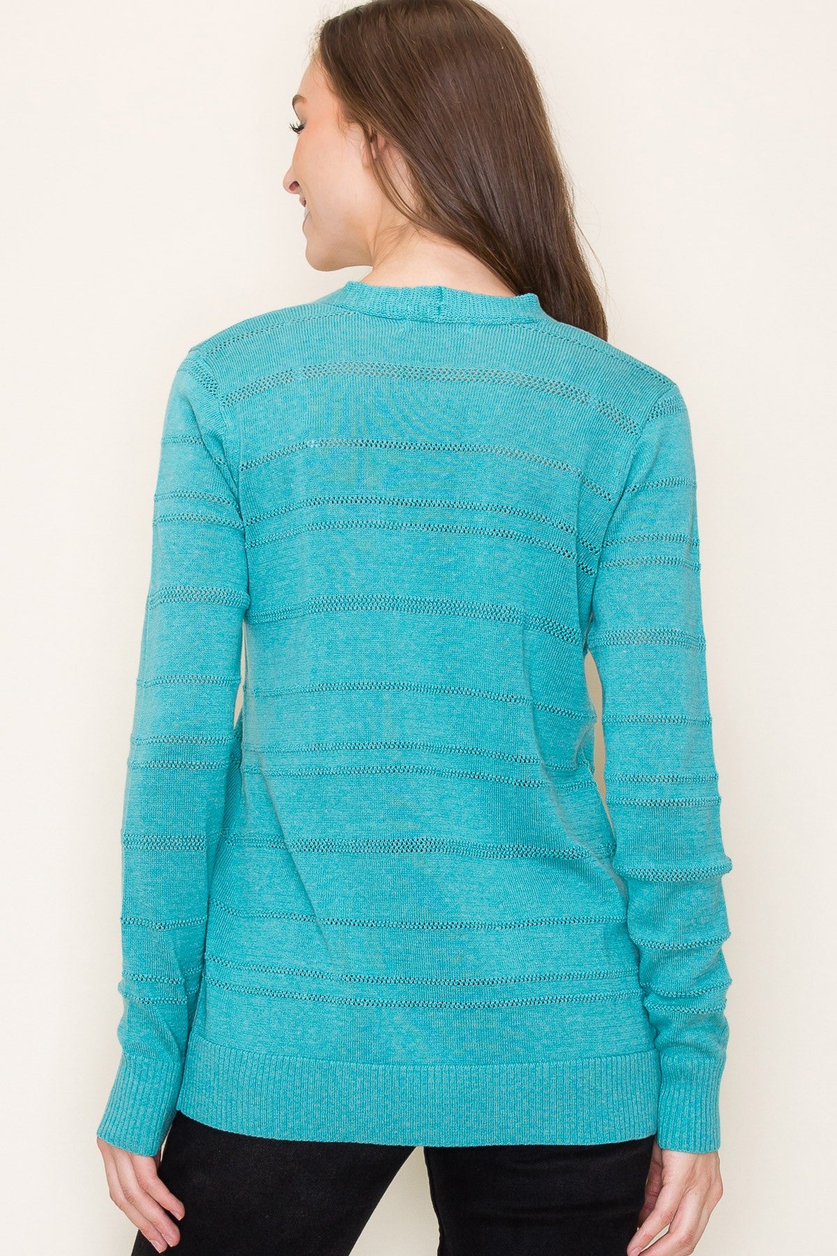 TEAL POINTELLE STRIPED OPEN FRONT CARDIGAN