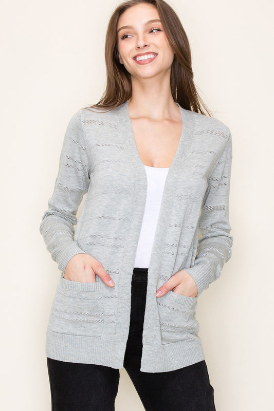 GRAY POINTELLE STRIPED OPEN FRONT CARDIGAN