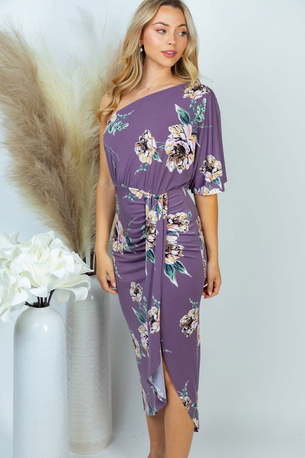 PURPLE FLORAL HALF-SLEEVE DRESS