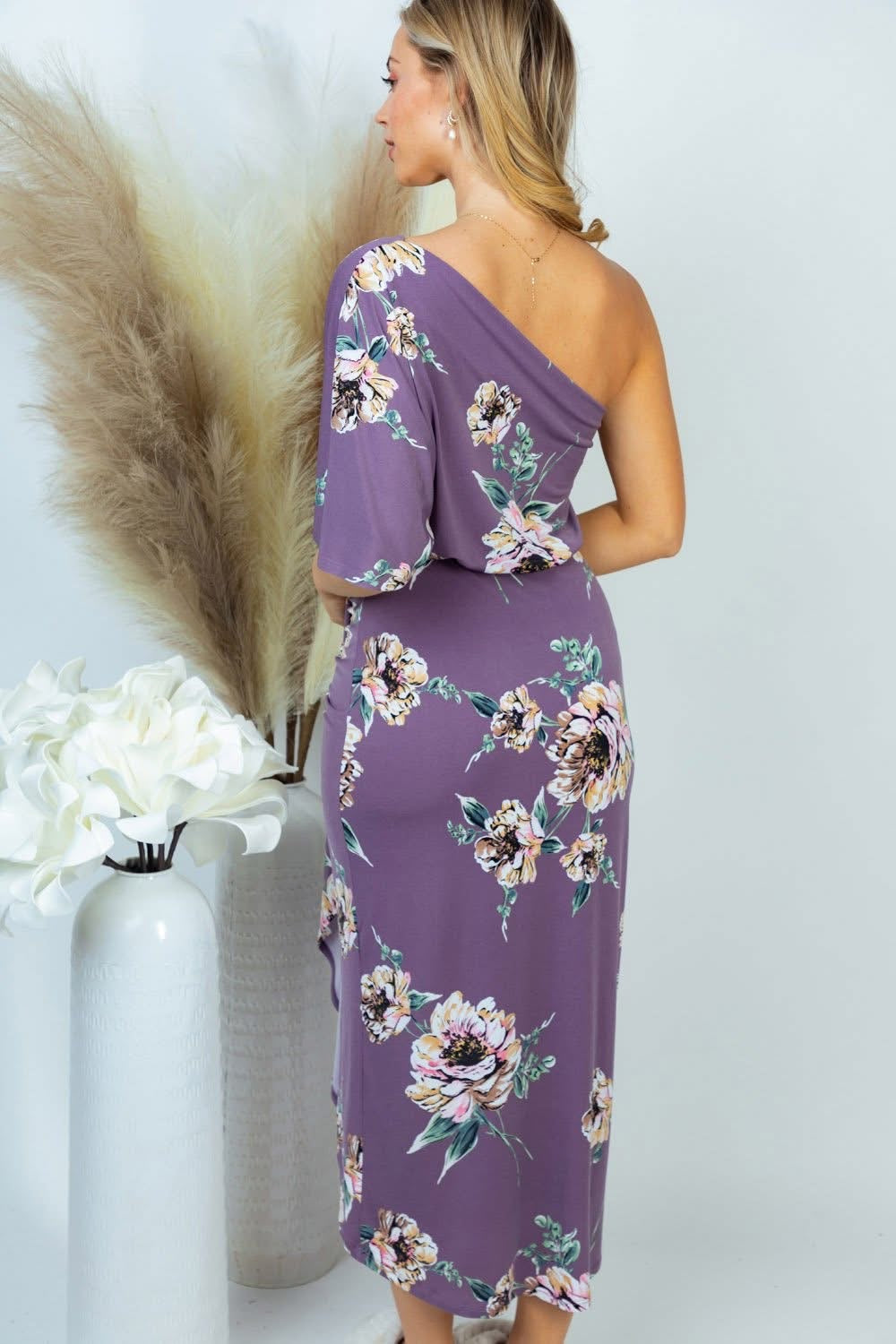 PURPLE FLORAL HALF-SLEEVE DRESS