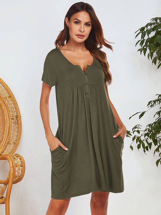 GREEN BUTTON NOTCHED SHORT SLEEVE DRESS