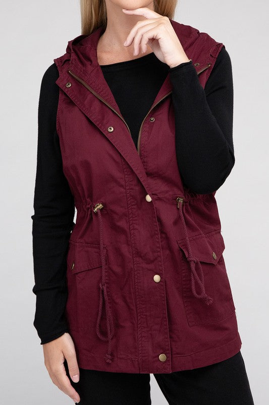 BURGUNDY DRAWSTRING WAIST MILITARY HOODIE VEST