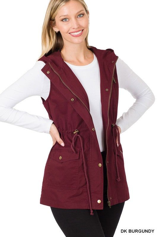 BURGUNDY DRAWSTRING WAIST MILITARY HOODIE VEST