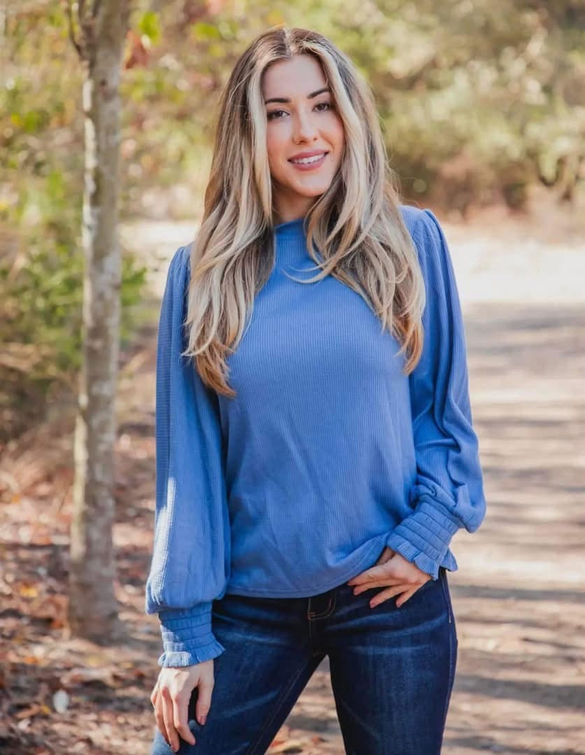 BLUE GATHERED SLEEVE MOCK NECK KAYLA TOP