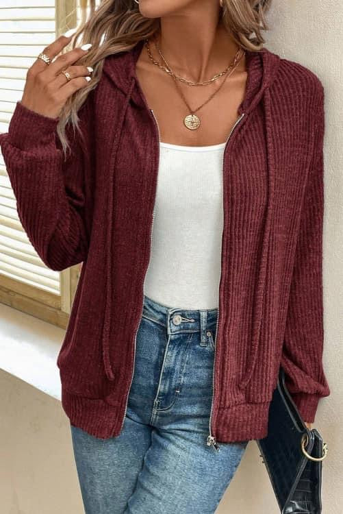 BURGUNDY FULL ZIP HOODED SWEATER