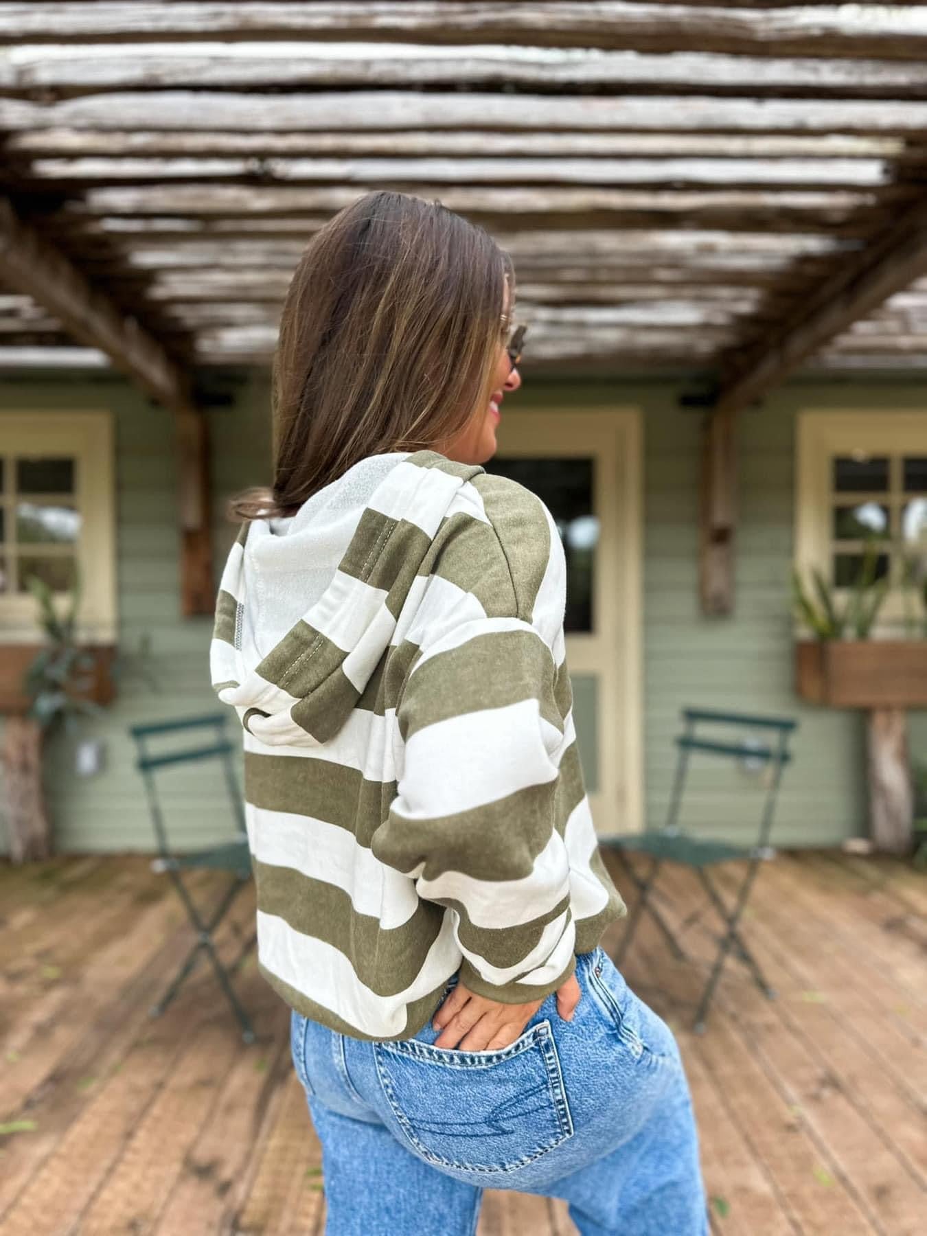 GREEN STRIPE HOODED SWEATSHIRT