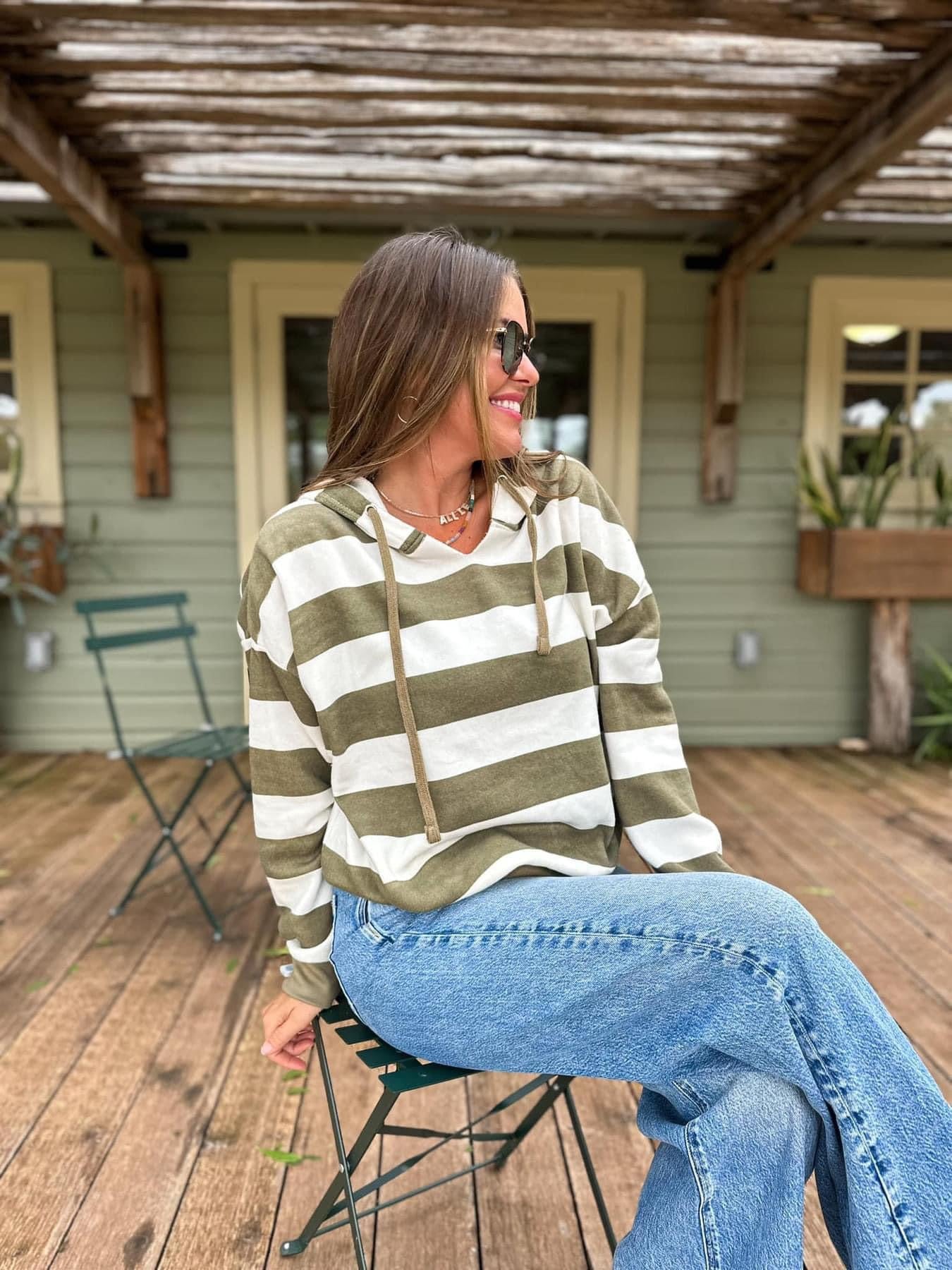 GREEN STRIPE HOODED SWEATSHIRT