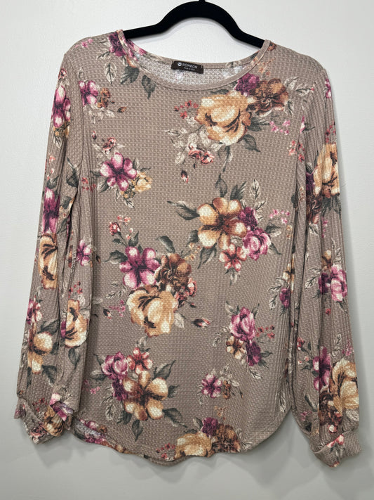 TAUPE FLORAL WAFFLE KNIT TOP